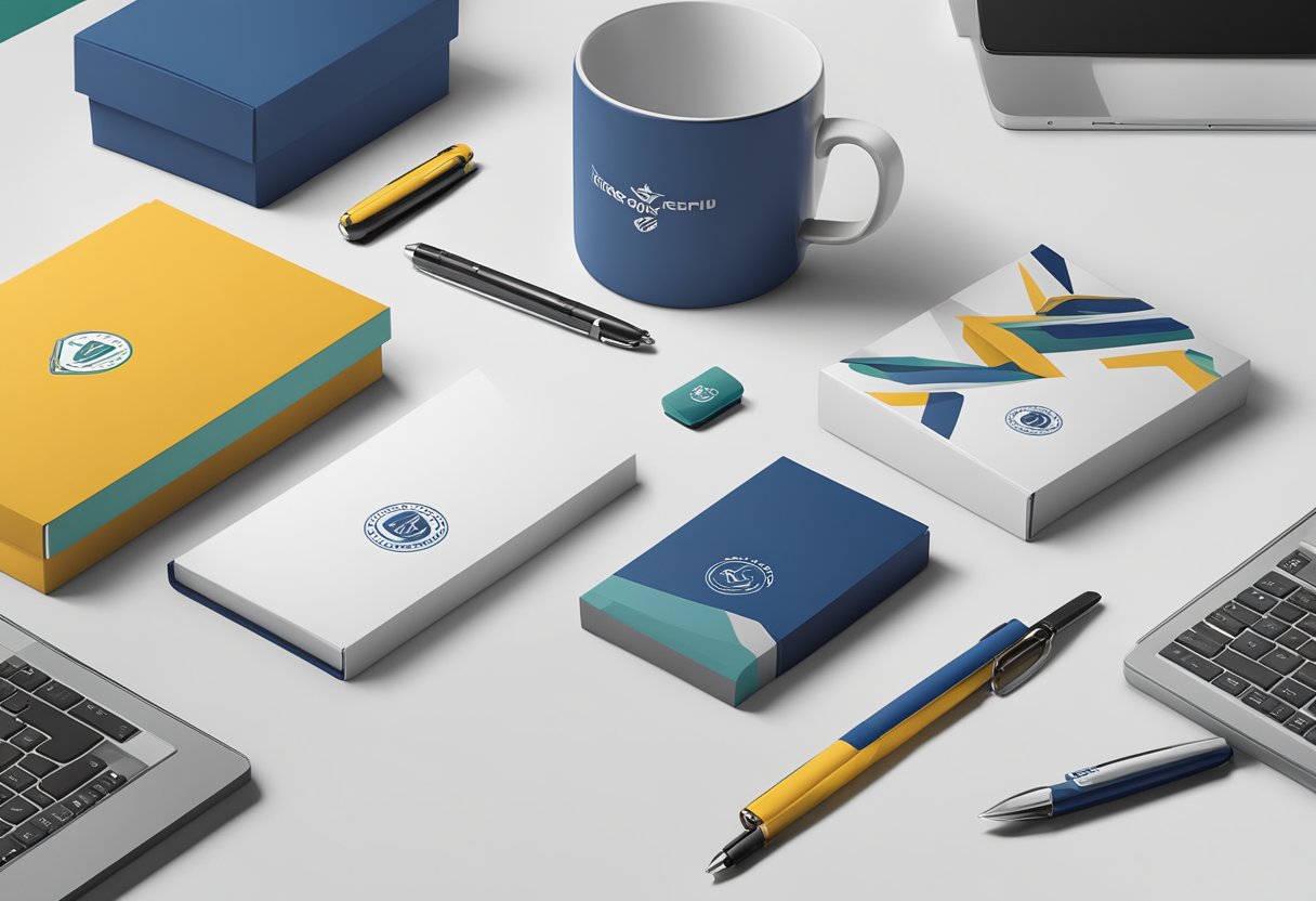 A table displays branded pens, notebooks, and mugs. A logo-emblazoned gift box sits nearby