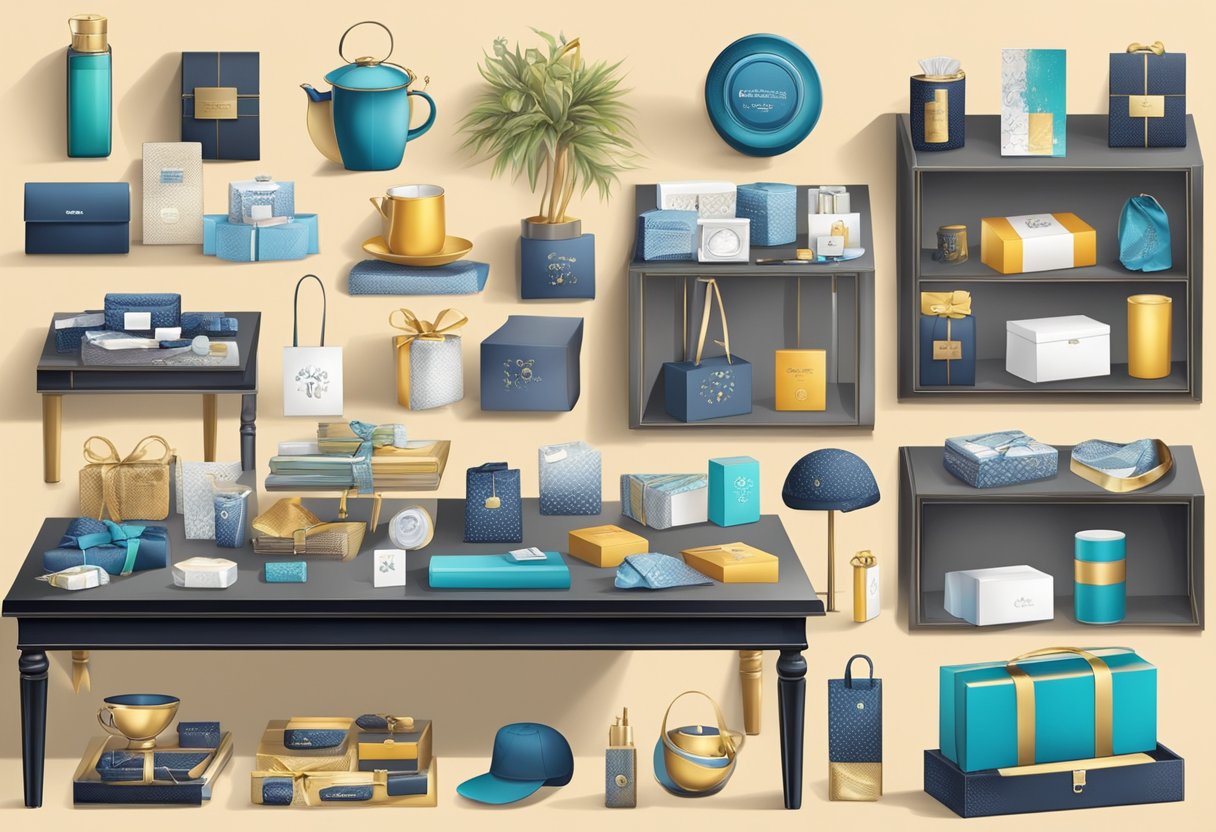 A table displays a variety of corporate gifts, including branded items and luxury products, organized neatly with price tags and descriptions