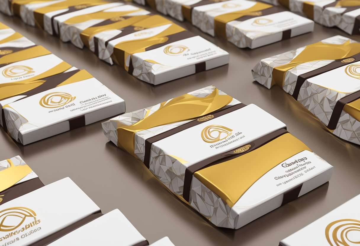 A table adorned with custom branded chocolate bars, arranged as corporate gifts for presentation
