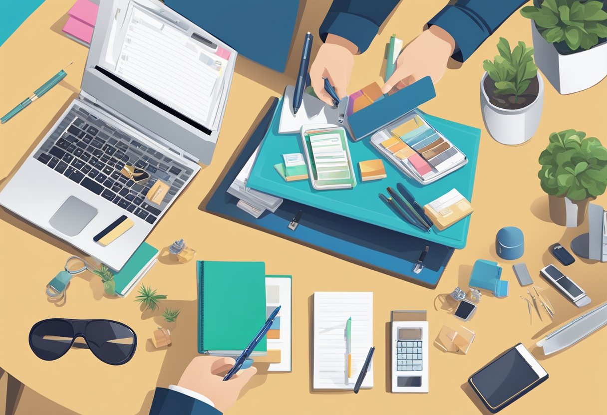 A person carefully chooses from a variety of corporate business gifts displayed on a sleek, modern table. The gifts are neatly arranged and include branded items such as pens, notebooks, and tech accessories