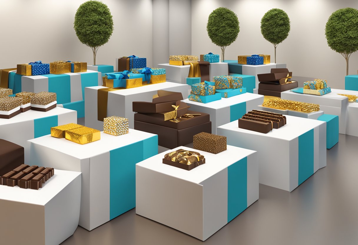 A table adorned with corporate branded chocolate gifts. Boxes and ribbons display company logos in various colors and styles