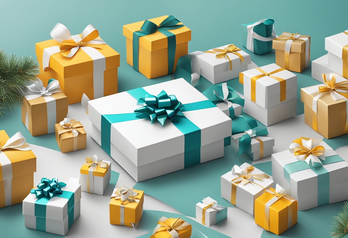 A table adorned with elegant gift boxes, branded with company logos, and surrounded by festive decorations