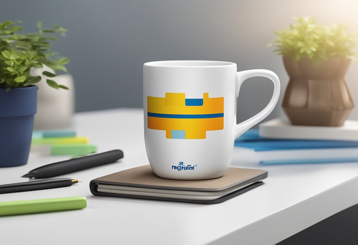 A customised anti-fall mug with a corporate logo sits on a desk, surrounded by other branded gifts. The mug is shown in mid-air, about to land safely on the ground