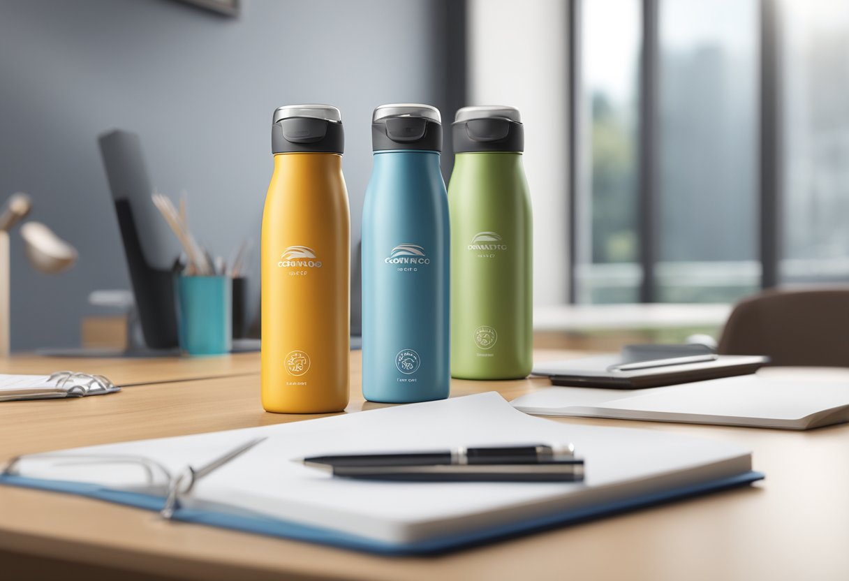 A Contigo water bottle with corporate logo sits on a sleek desk next to a notepad and pen