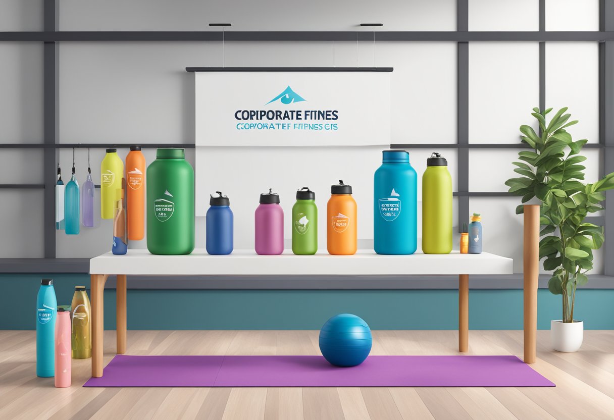 A table displays branded water bottles, yoga mats, and resistance bands. A banner reads "Corporate Fitness Gifts" above a row of colorful exercise equipment