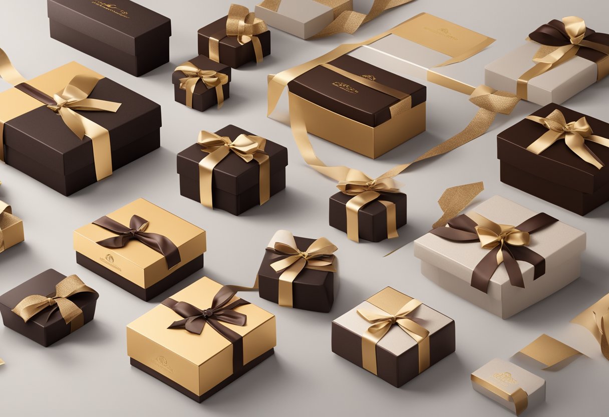 A table set with elegant corporate-branded chocolate gift boxes and ribbons, surrounded by luxurious packaging materials and a professional branding display