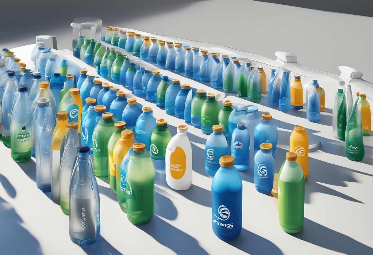A table with rows of Contigo water bottles being customized with corporate logos and designs