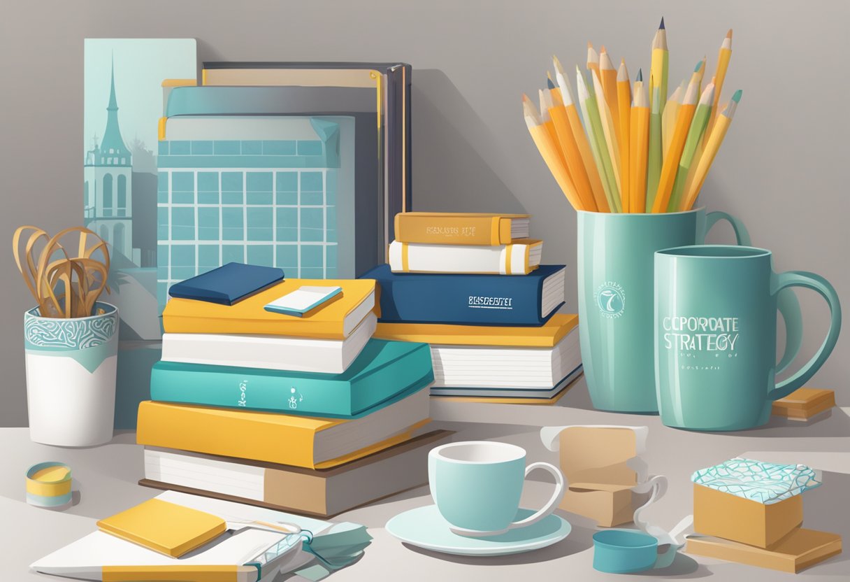 A table displays branded gifts: mugs, notebooks, and gift baskets. A sign reads "Corporate Gifting Strategy."