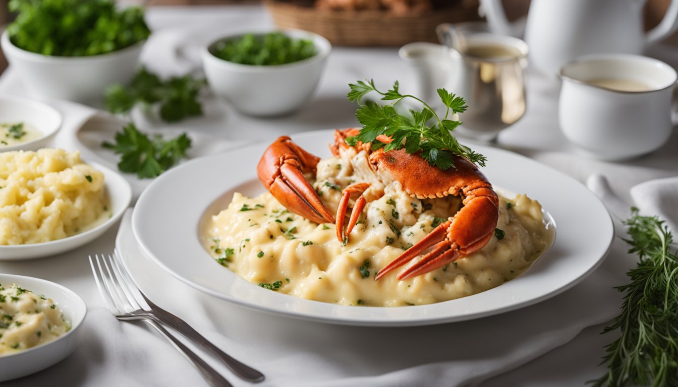 A steaming dish of lobster thermidor sits on a white porcelain plate, garnished with fresh herbs and served alongside a side of buttery mashed potatoes