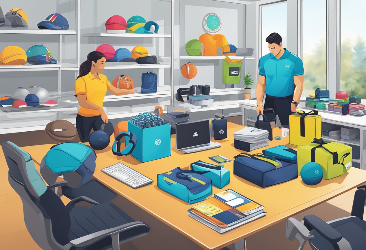 Employees choosing from a variety of branded fitness gifts displayed on a table in a bright, modern office setting