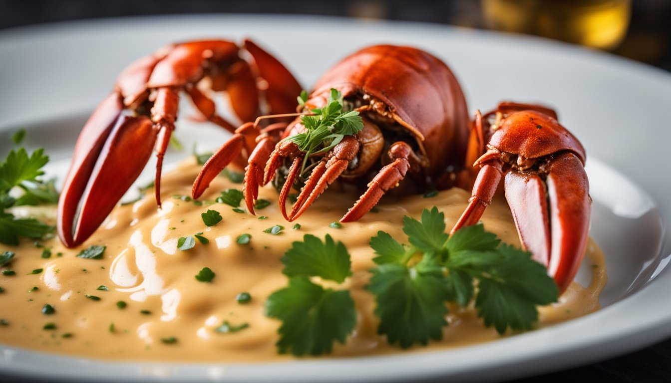 A steaming lobster sits atop a bed of creamy, golden sauce, garnished with fresh herbs and served on a white porcelain plate