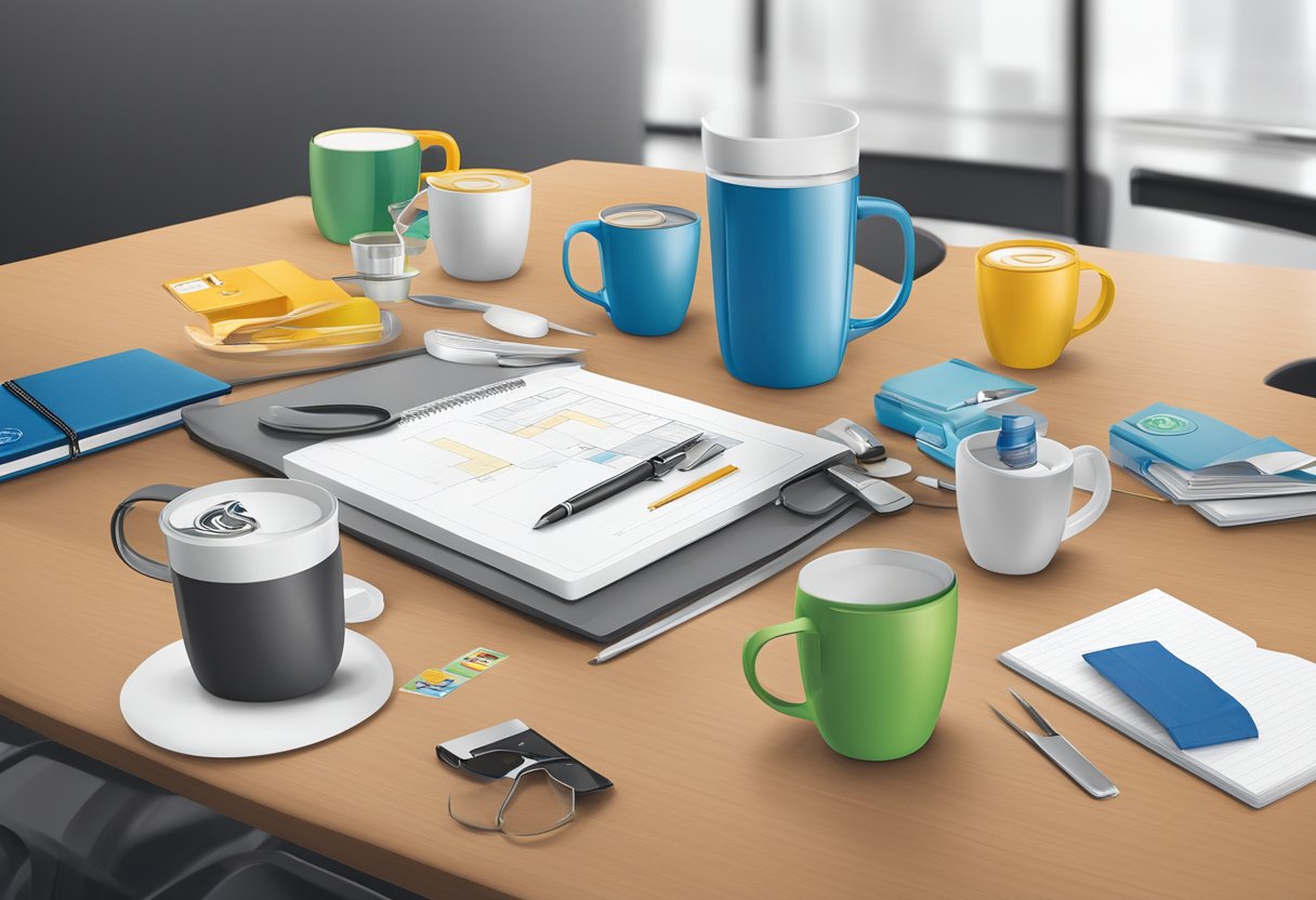 A table with various corporate gift options, including anti-fall mugs, being customized with logos and designs