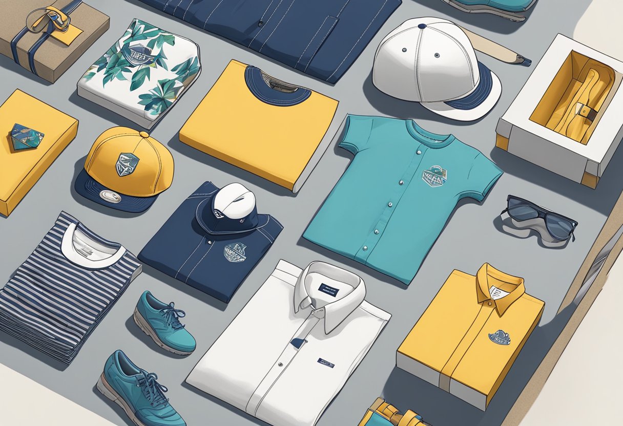 A table with branded clothing items, like t-shirts, hats, and jackets, displayed alongside gift boxes and ribbons