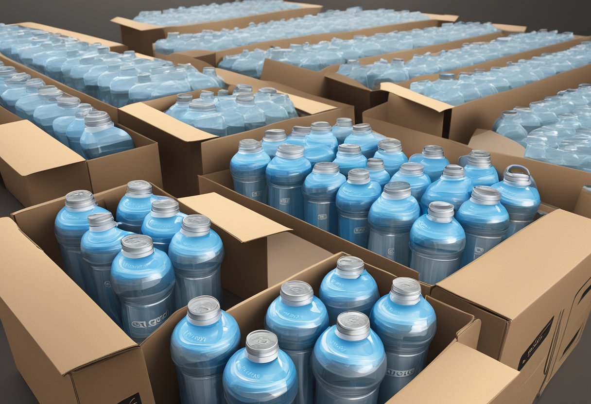 A stack of Contigo water bottles being packed into boxes for distribution as corporate gifts