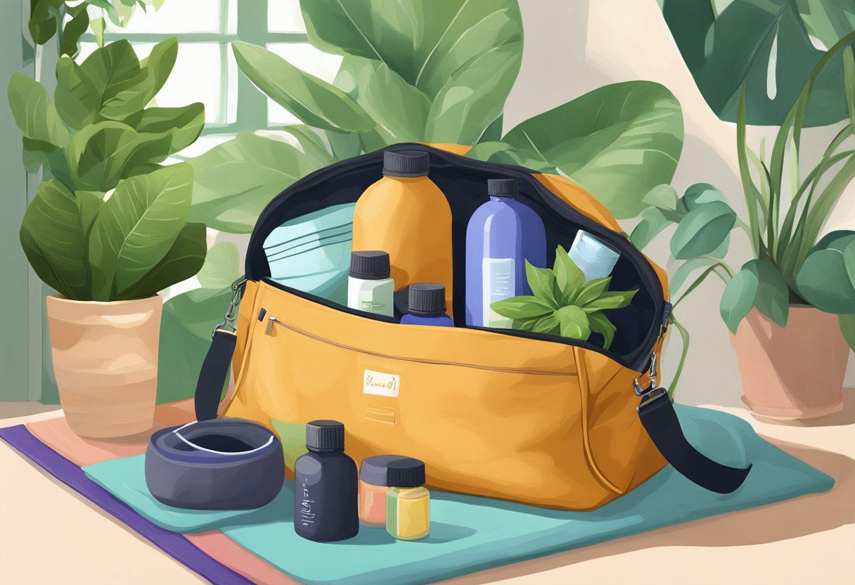 A vibrant gym bag filled with yoga mat, water bottle, resistance bands, and essential oils. A serene environment with plants and natural light