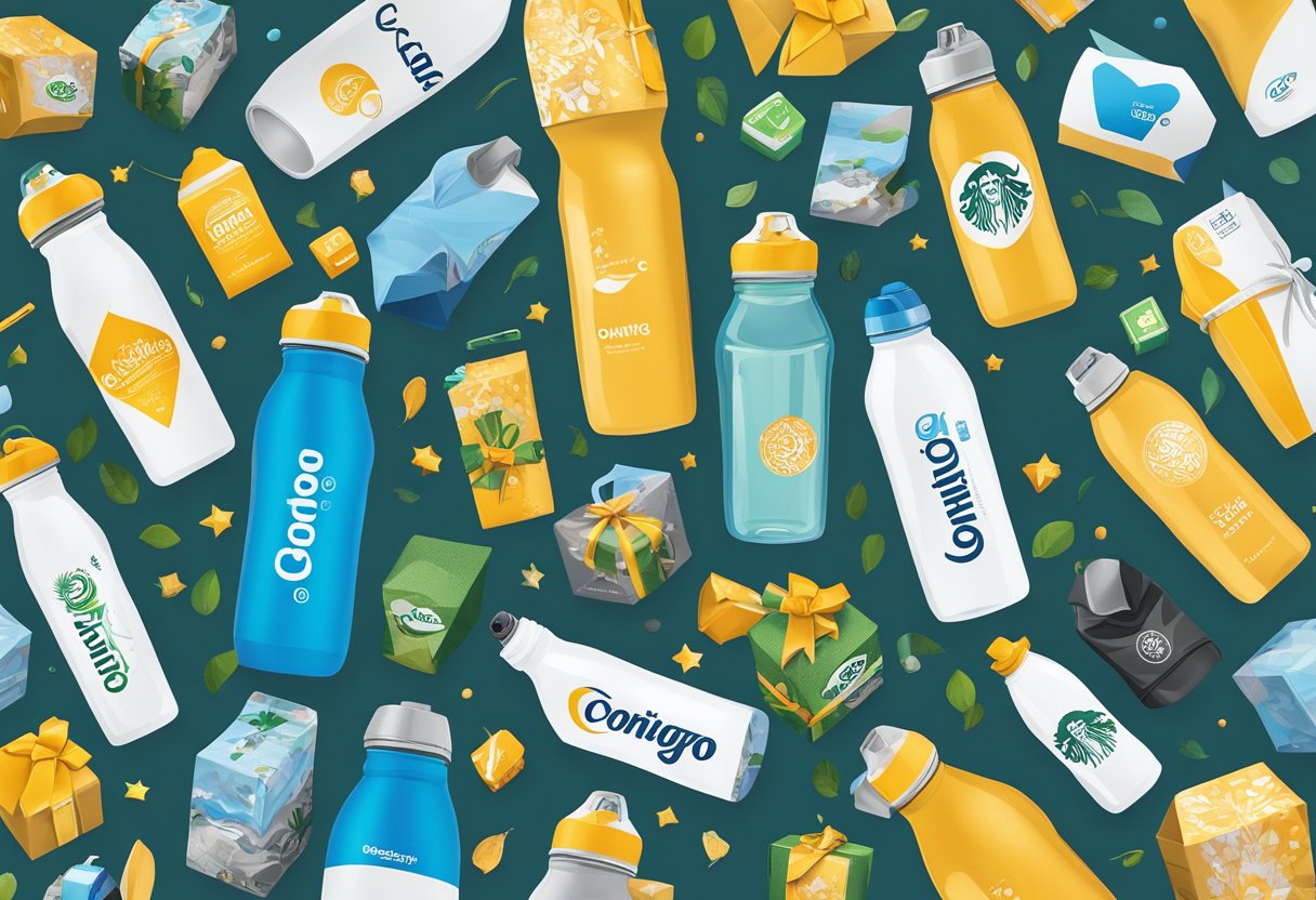 A branded Contigo water bottle surrounded by corporate logos and a pile of gift boxes