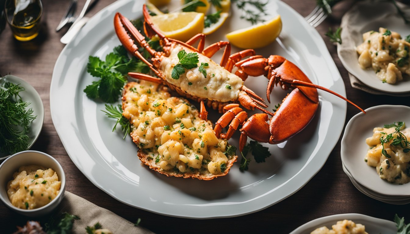 Lobster thermidor being cooked and served on a platter with garnishes