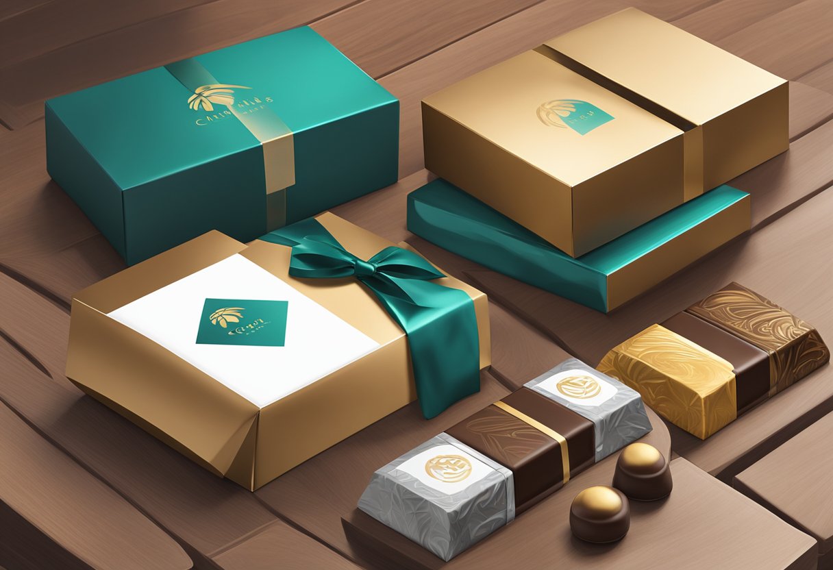 A sleek, modern gift box adorned with the company's logo sits on a polished wooden table. Beside it, a stack of personalized chocolate bars awaits packaging. A delivery truck pulls up outside, ready to transport the luxurious treats to their recipients