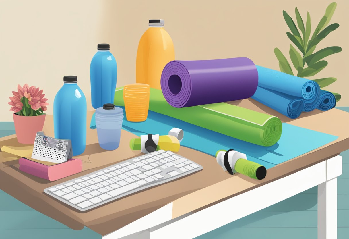 A table with various fitness-related items such as water bottles, resistance bands, and yoga mats. A sign reads "Frequently Asked Questions corporate fitness gifts."