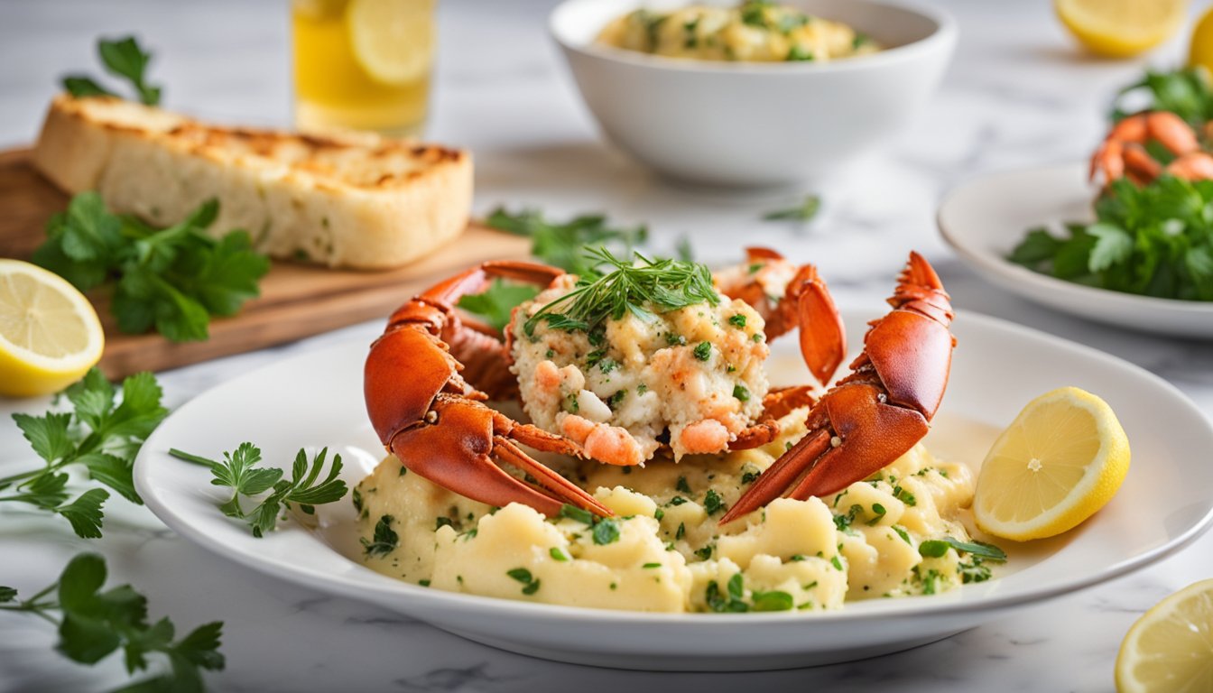 A steaming dish of lobster thermidor surrounded by a bed of fresh herbs and lemon slices, with a side of buttery garlic bread