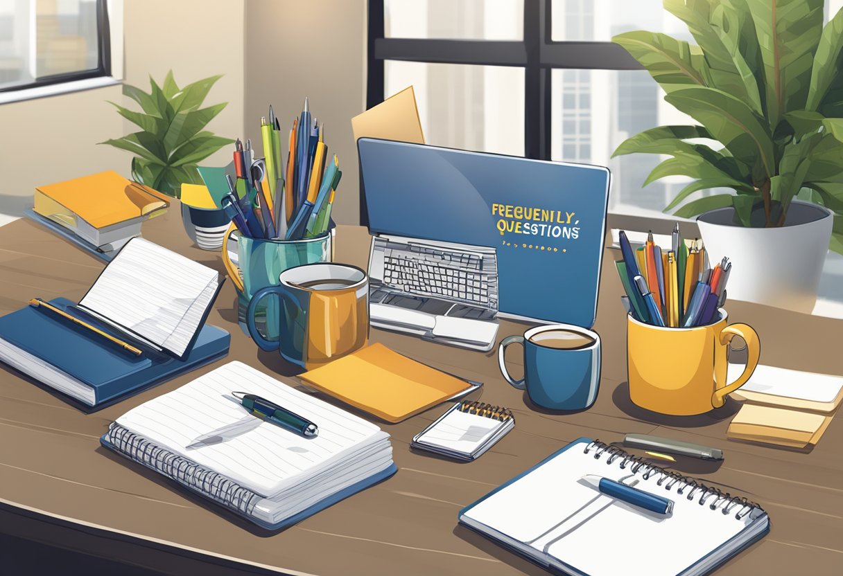 A table adorned with various branded corporate gifts, including pens, notebooks, and mugs, with a sign reading "Frequently Asked Questions" in a professional office setting