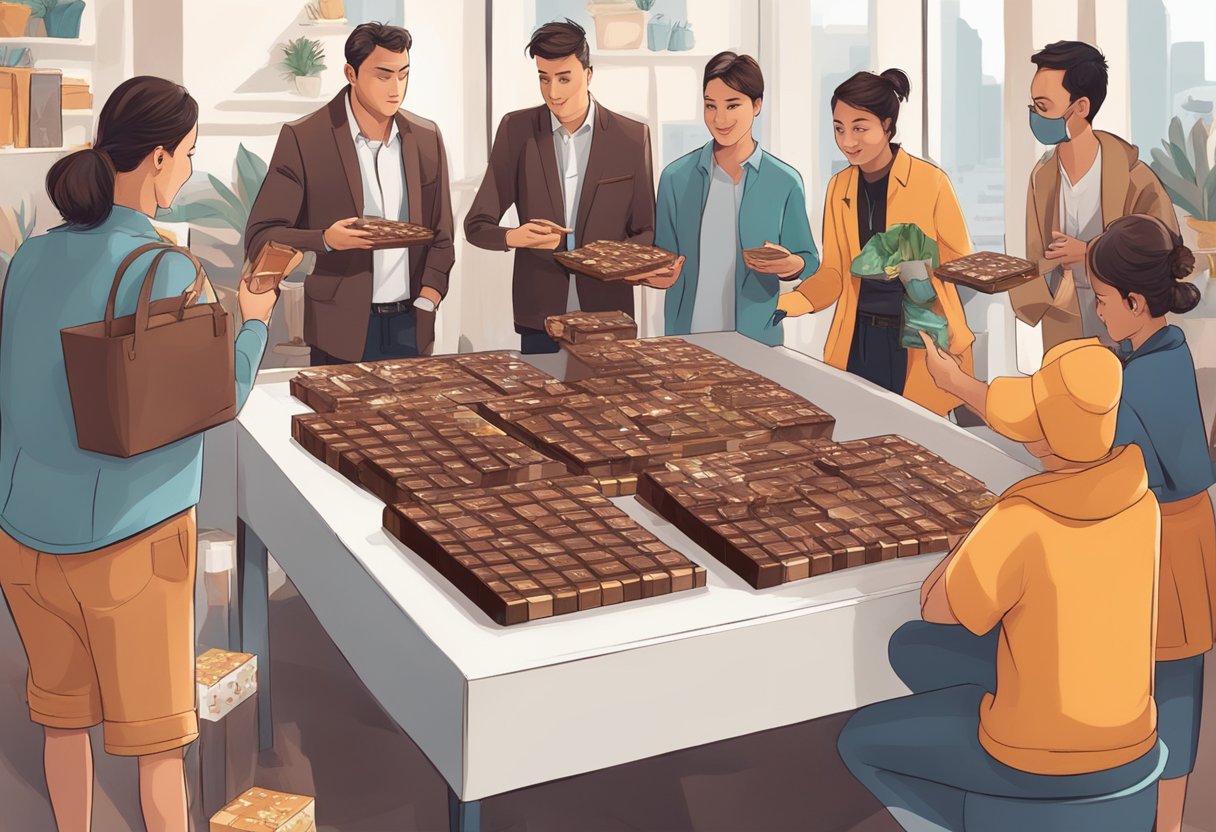 A table adorned with assorted branded chocolate gifts, surrounded by curious onlookers