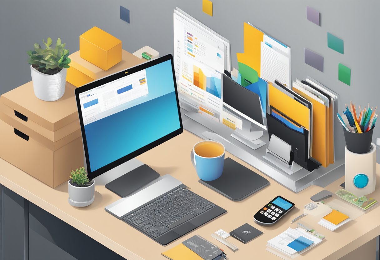 A busy office desk with branded merchandise and gift boxes, a computer screen displaying a corporate logo, and a stack of catalogues from various suppliers