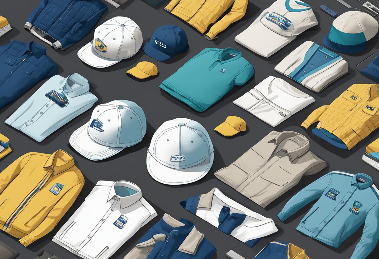 A table with branded clothing items like shirts, hats, and jackets displayed as corporate gift ideas