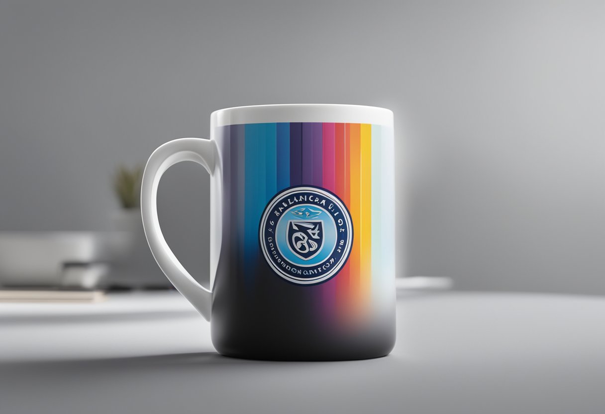 A colour-changing mug sits on a desk, displaying a corporate logo. The mug's surface shifts from black to the company's brand colours when filled with hot liquid