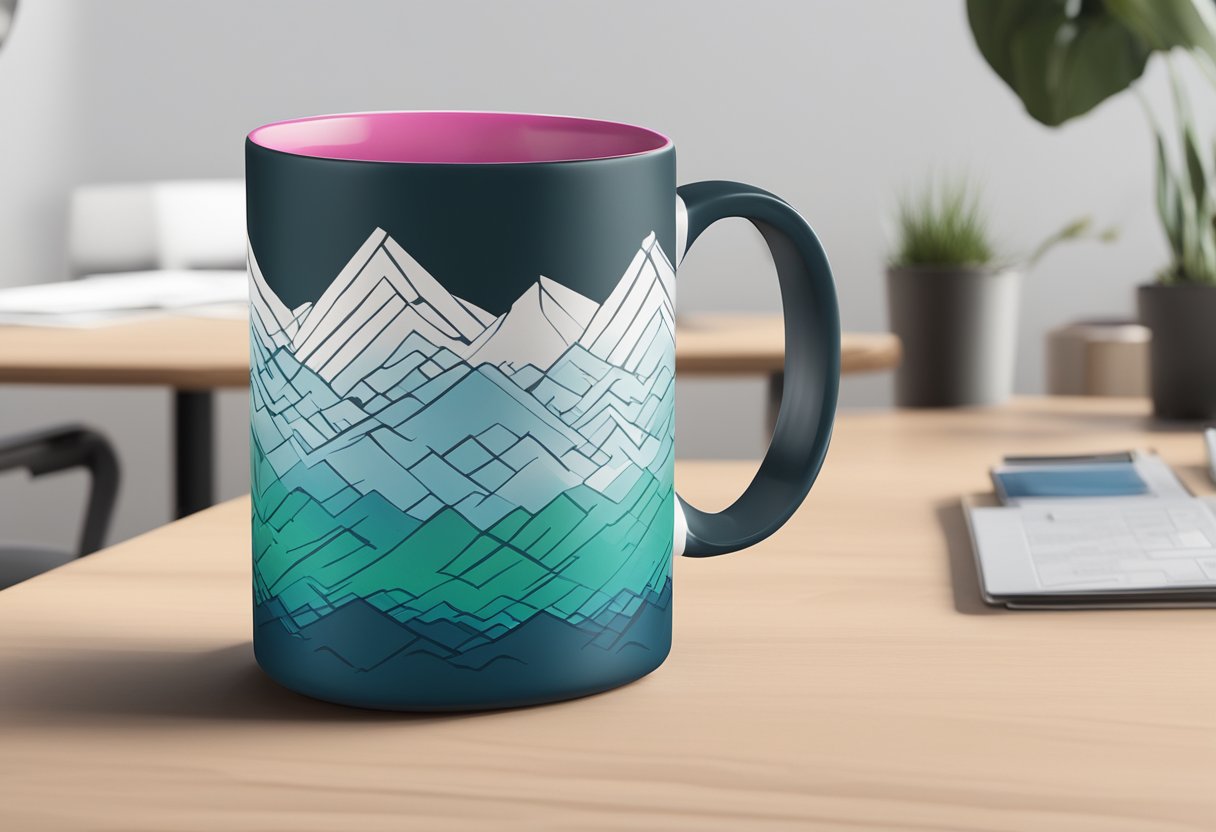 A color changing mug sits on a table, with customizable features and corporate branding, making it a perfect gift option