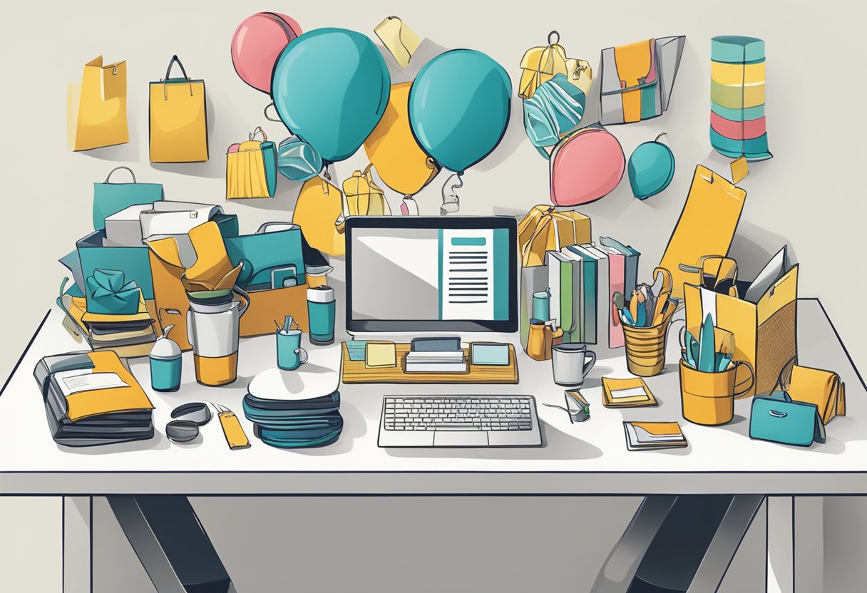 A table adorned with various corporate gifts and clothing items, with a sign reading "Frequently Asked Questions" displayed prominently