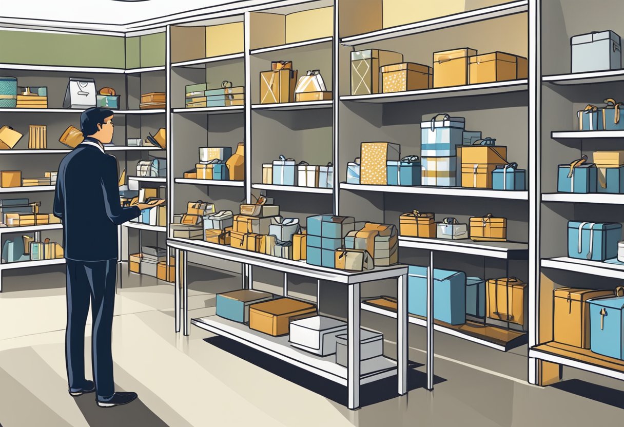 A person browsing through a variety of high-quality corporate gifts displayed on shelves and tables at a corporate gifts supplier's showroom