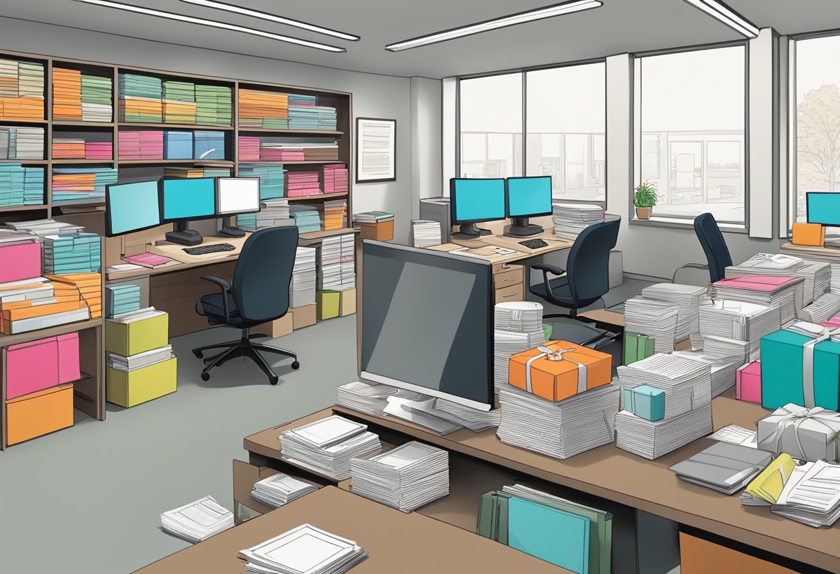 A busy office with a desk covered in gift catalogs and a computer displaying client orders. A delivery truck is parked outside