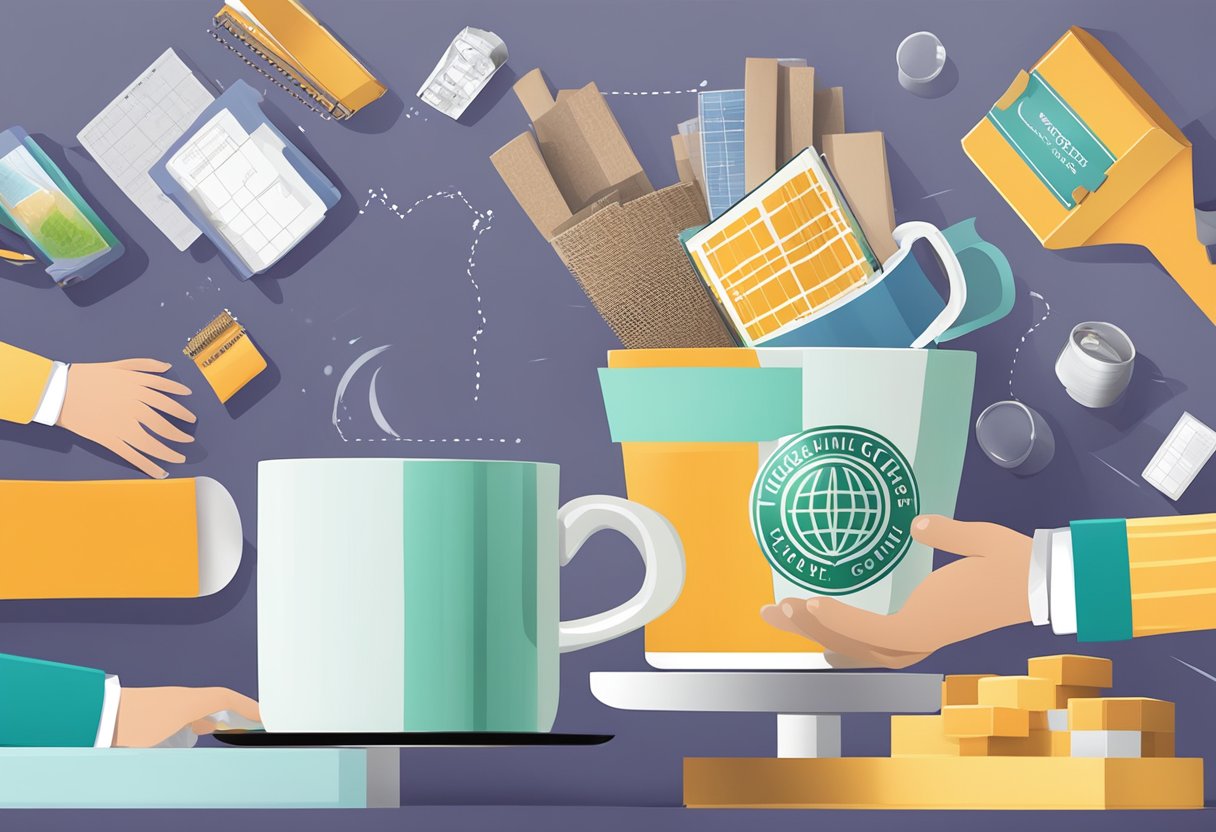 A hand reaches for a colour changing mug with customizable corporate gift logo, surrounded by logistics and corporate gifting materials