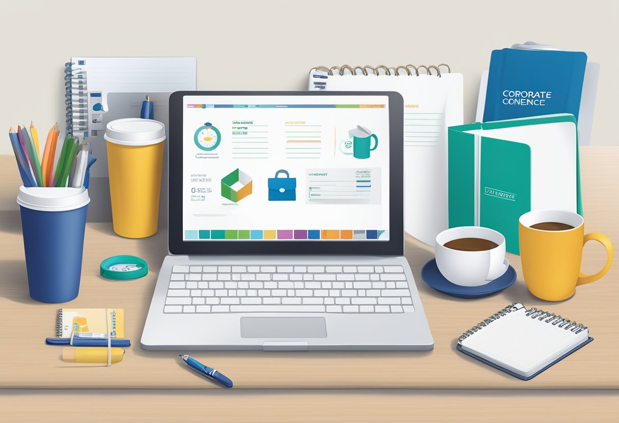 A table displays branded gifts: notebooks, pens, and mugs. A backdrop features the company logo and a banner reading "Corporate Conference Gifts."
