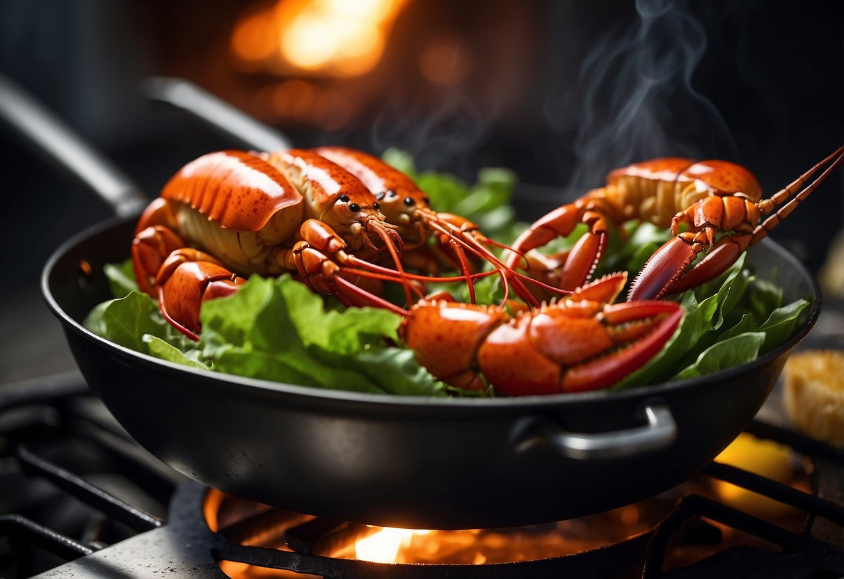 A lobster is being grilled on a hot pan, while a brioche bun is being toasted on the side. A spread of creamy aioli and fresh lettuce is waiting to be added to the lobster patty