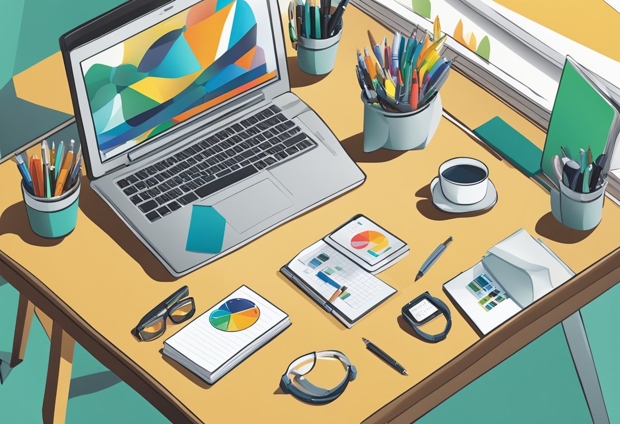 A table with various corporate gift items displayed, including branded mugs, pens, and notebooks. A sign with "Frequently Asked Questions" is prominently featured