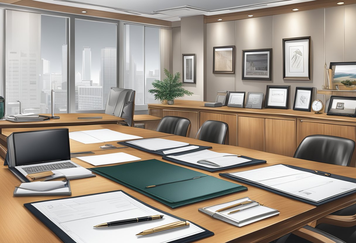 A table displays corporate board gifts: elegant pens, leather portfolios, and engraved plaques. A backdrop of sleek office decor completes the scene