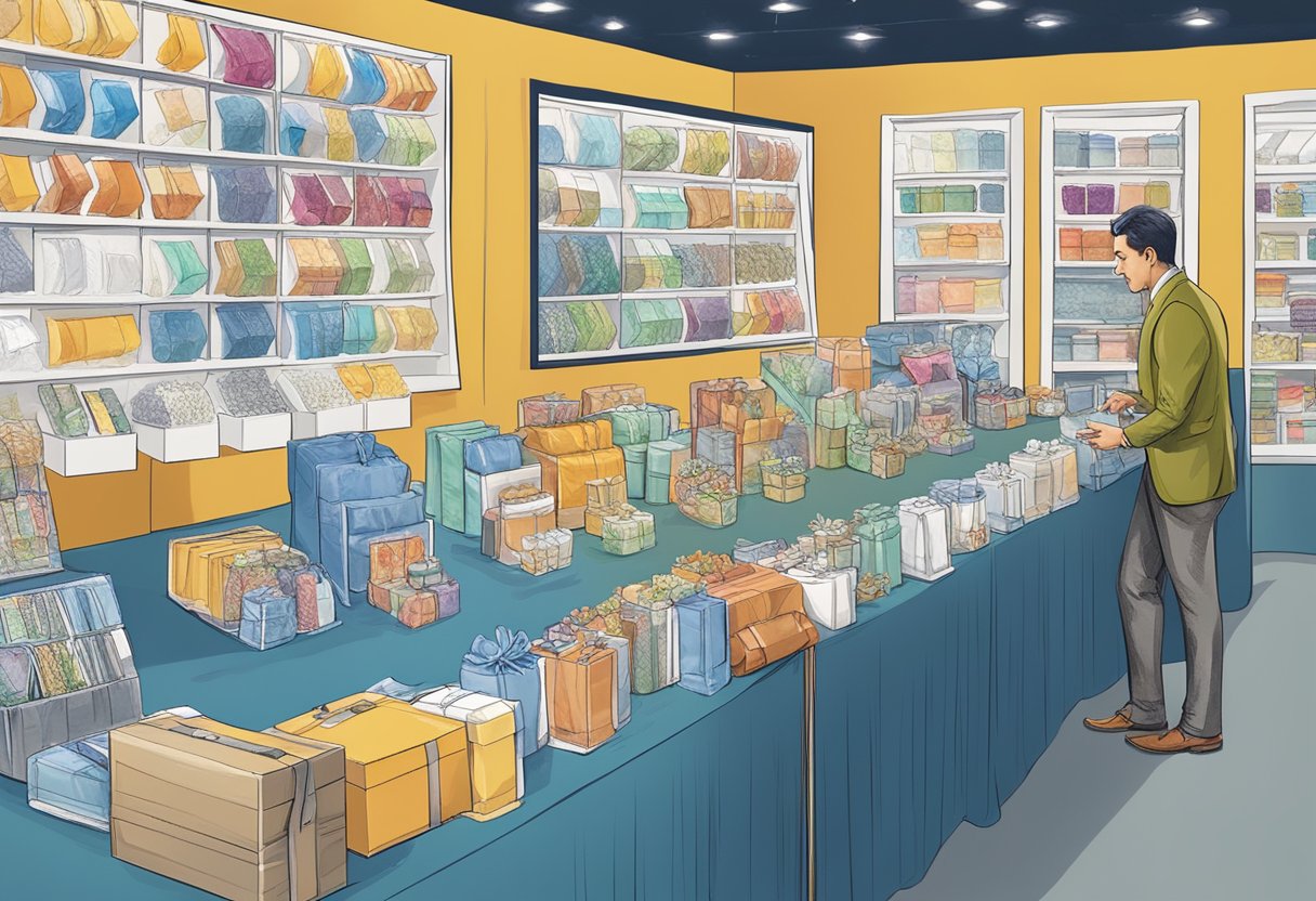 A person choosing corporate gifts from a variety of options at a conference booth
