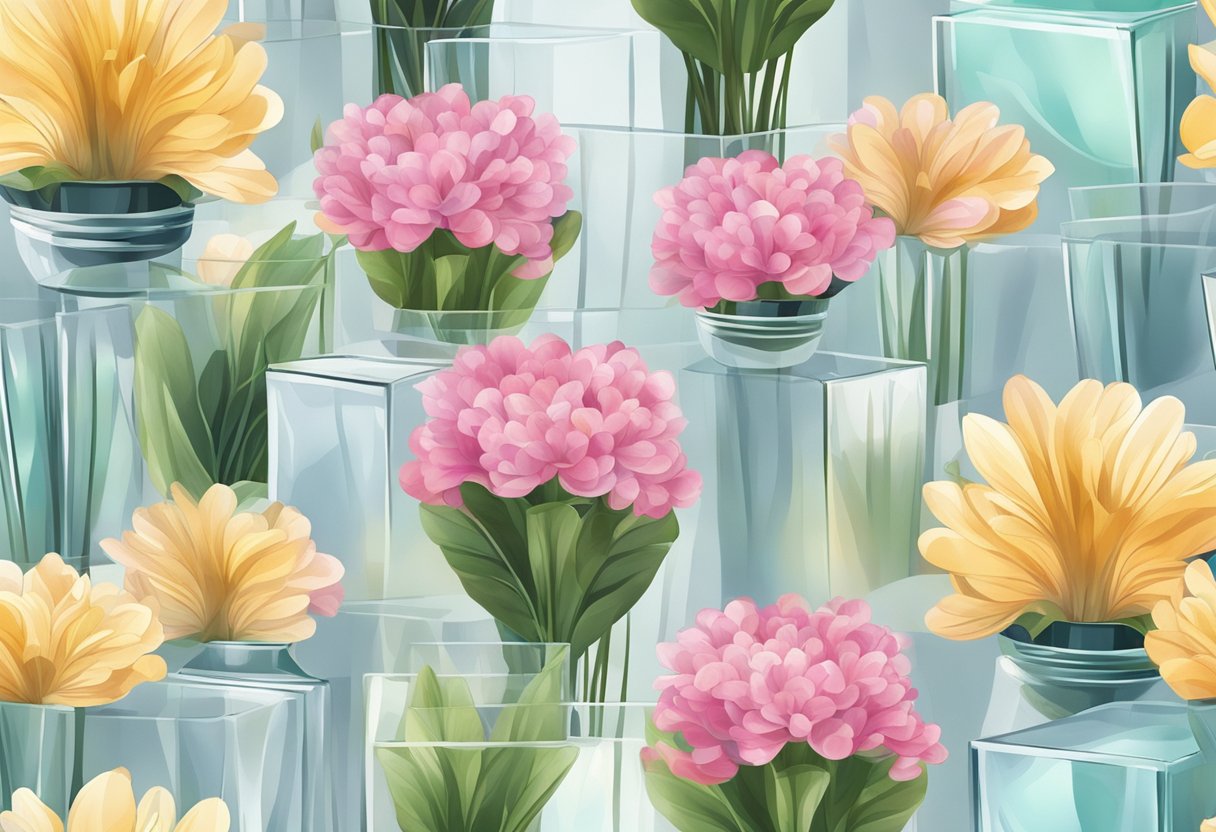 A table with transparent flower bouquet bags arranged neatly