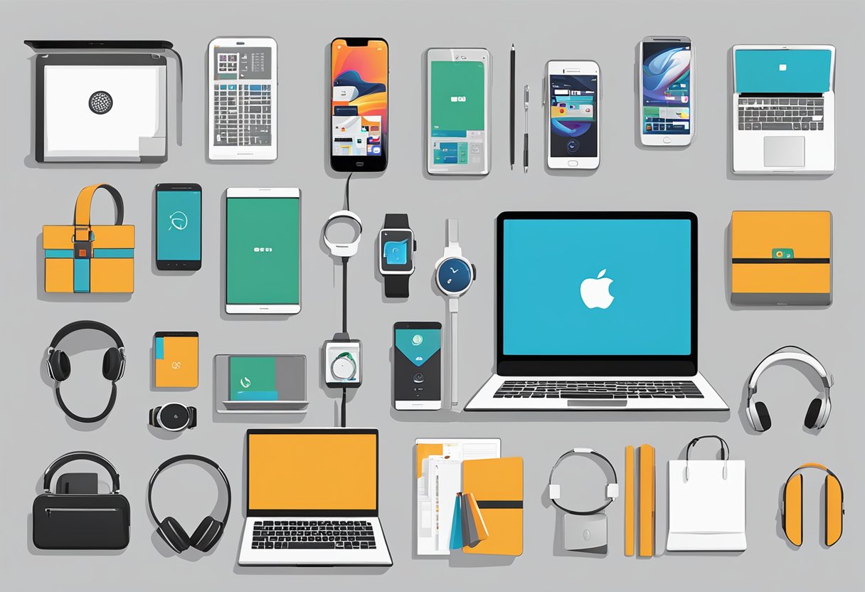 A table displays various corporate gifts: laptops, tablets, headphones, and smartwatches. The logo of a tech company is prominently featured on each item
