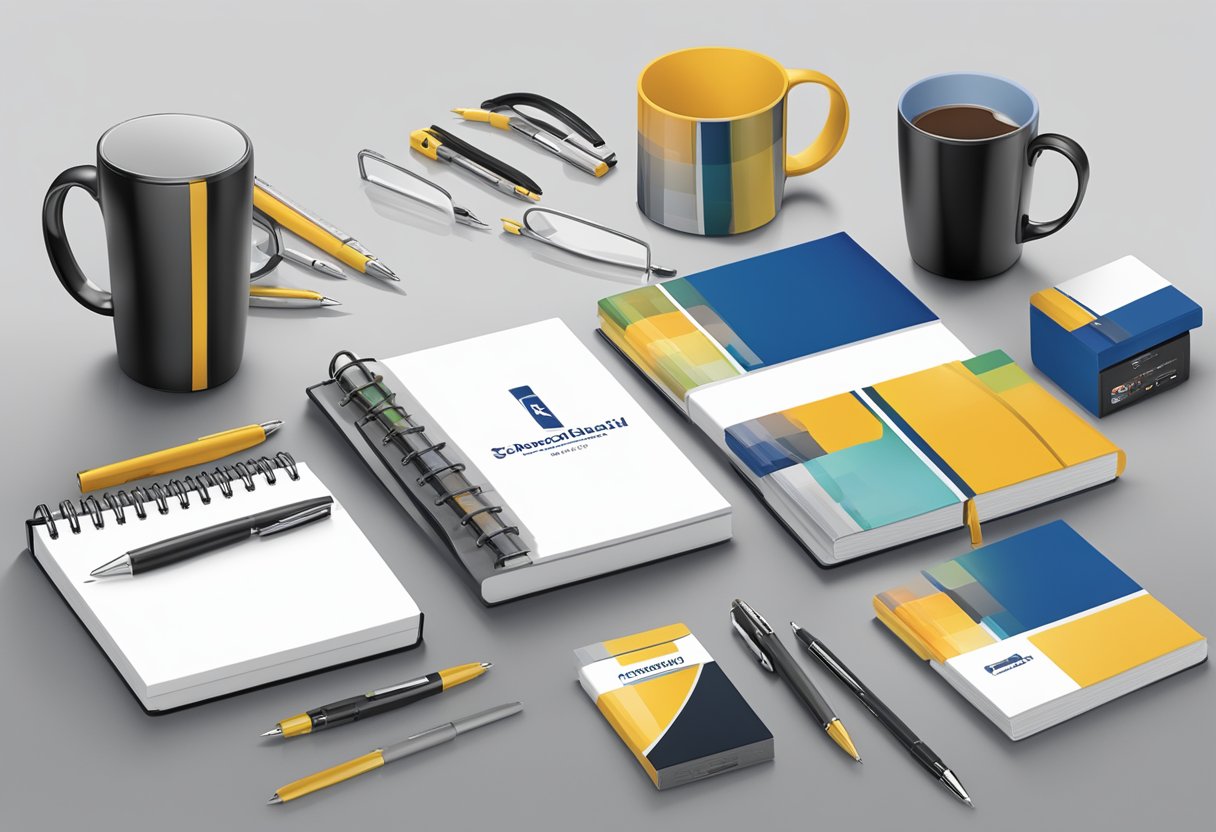 A table displays various branded corporate gifts, including pens, mugs, and notebooks. A company logo is prominently featured on each item