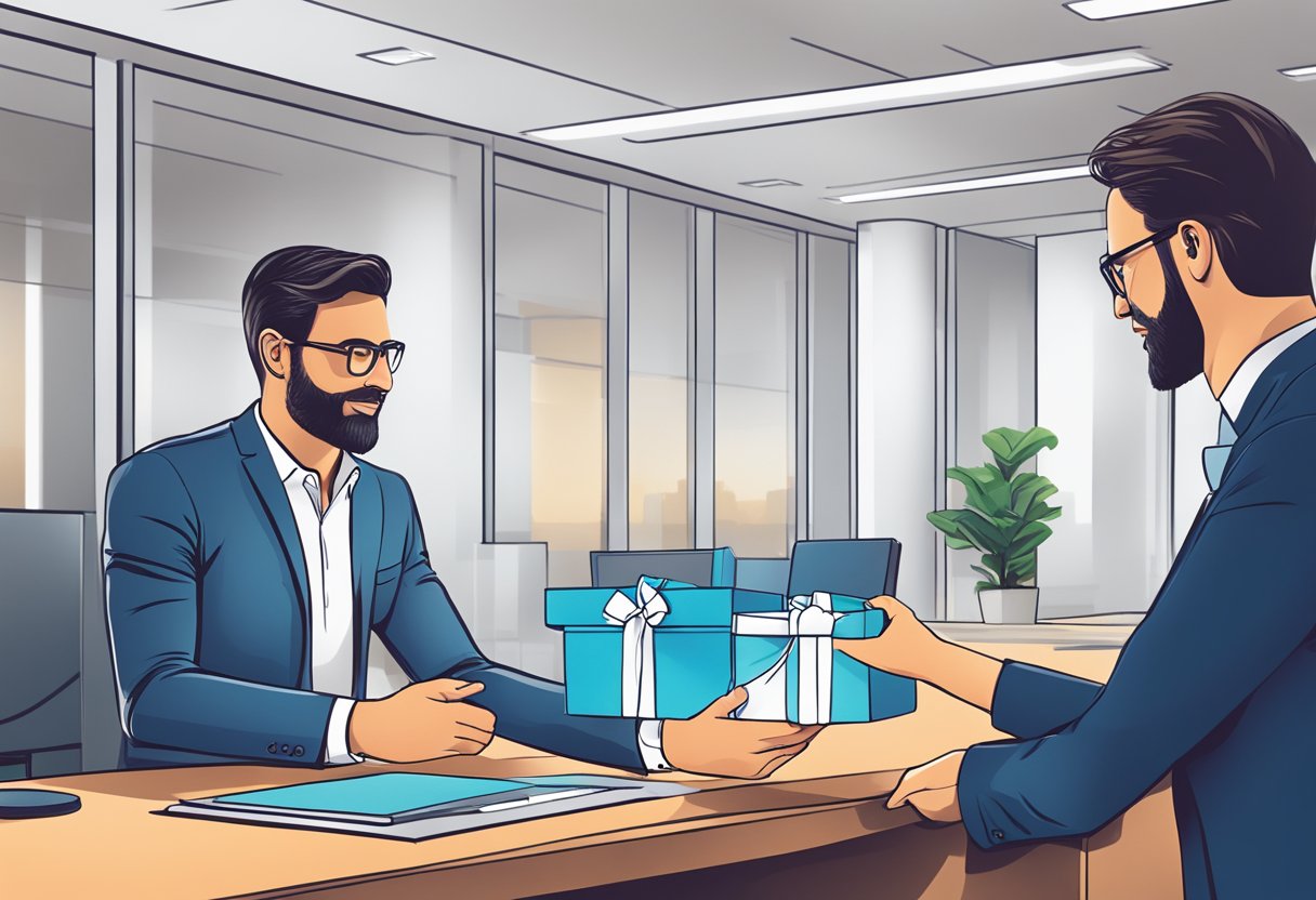 A consultant presenting a branded corporate gift to a client in a sleek, modern office setting
