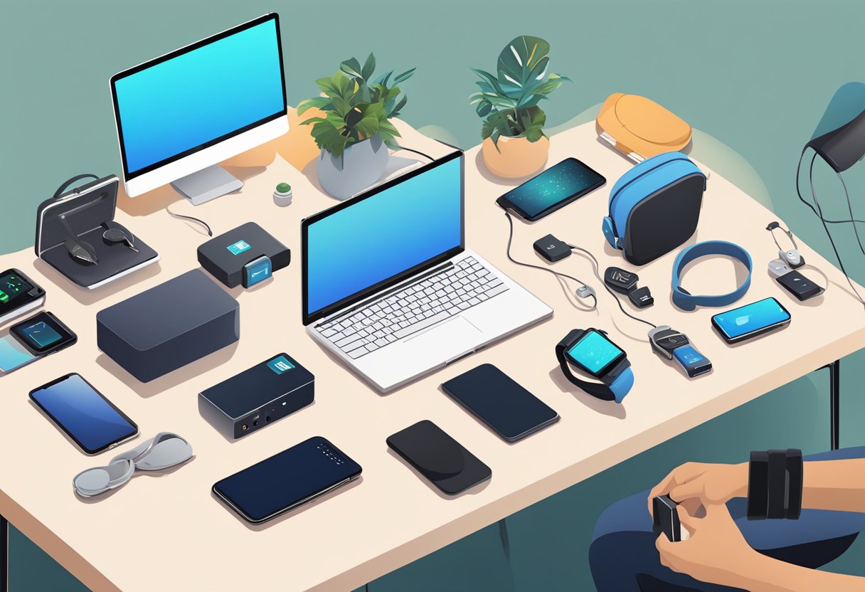A person choosing from a variety of electronic corporate gifts displayed on a table. Items include headphones, portable chargers, and smartwatches