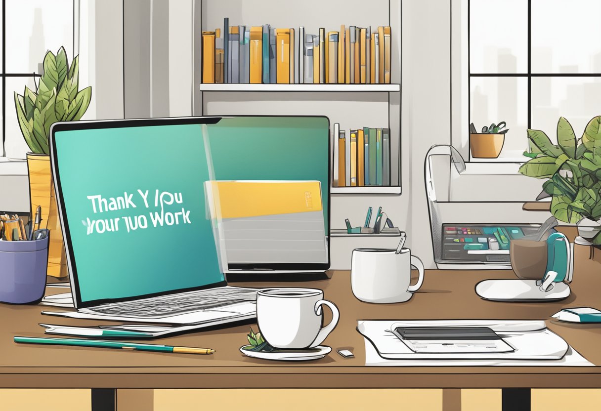 A table displays branded mugs, notebooks, and tech gadgets. A banner reads "Thank you for your hard work."