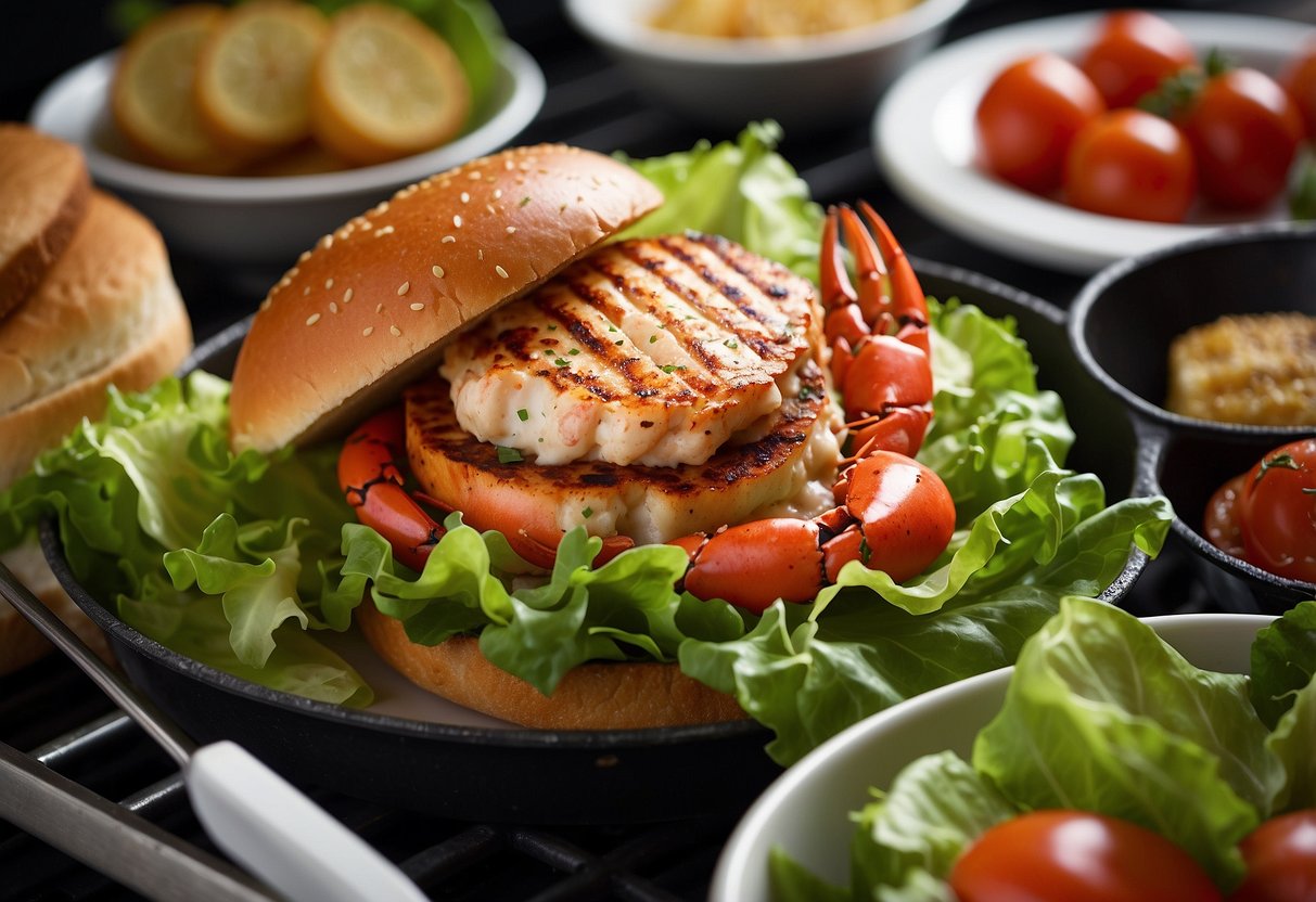 A juicy lobster patty sizzling on a grill, surrounded by fresh lettuce, tomato, and a perfectly toasted bun. Ingredients and utensils neatly arranged nearby