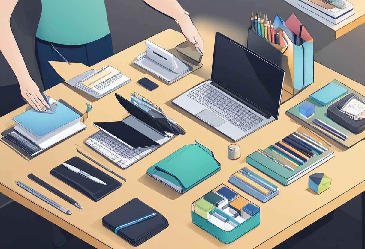 A person choosing from a variety of corporate gifts on a sleek, modern display table. The gifts are neatly arranged and include branded items like notebooks, pens, and tech gadgets