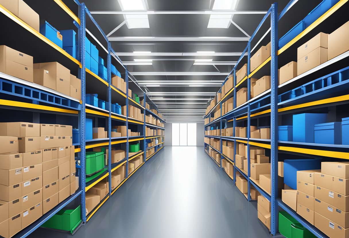 A warehouse filled with shelves of corporate gifts and electronics for bulk ordering and logistics