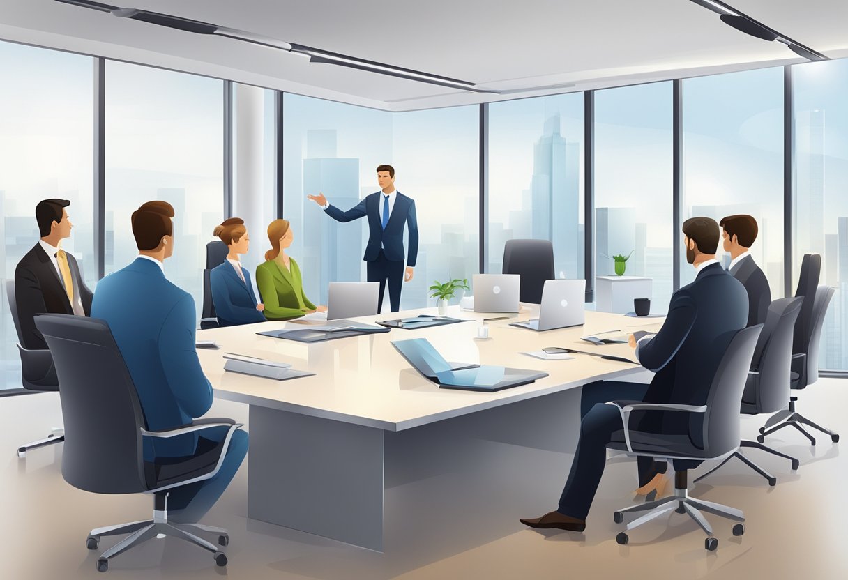 A consultant presents a selection of elegant corporate gifts to a group of executives in a modern office boardroom