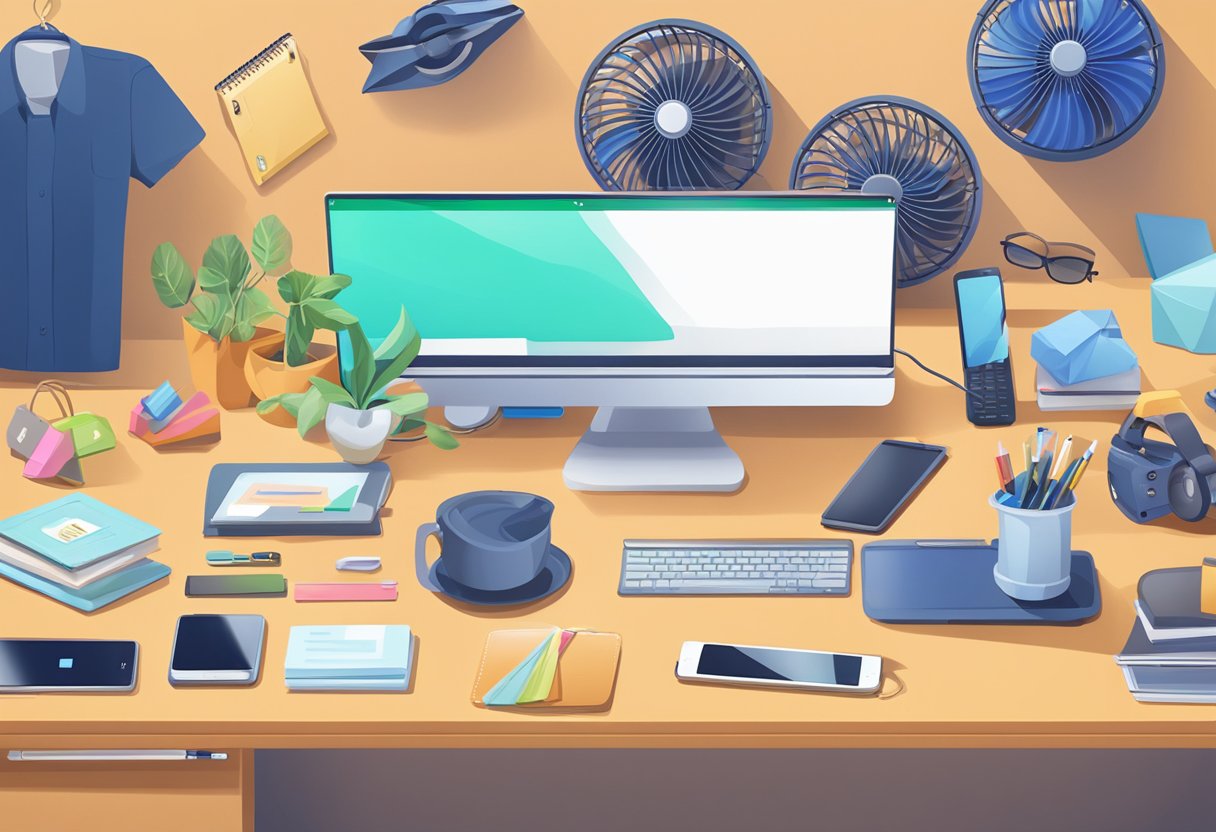 A USB fan sits on a desk surrounded by corporate gifts